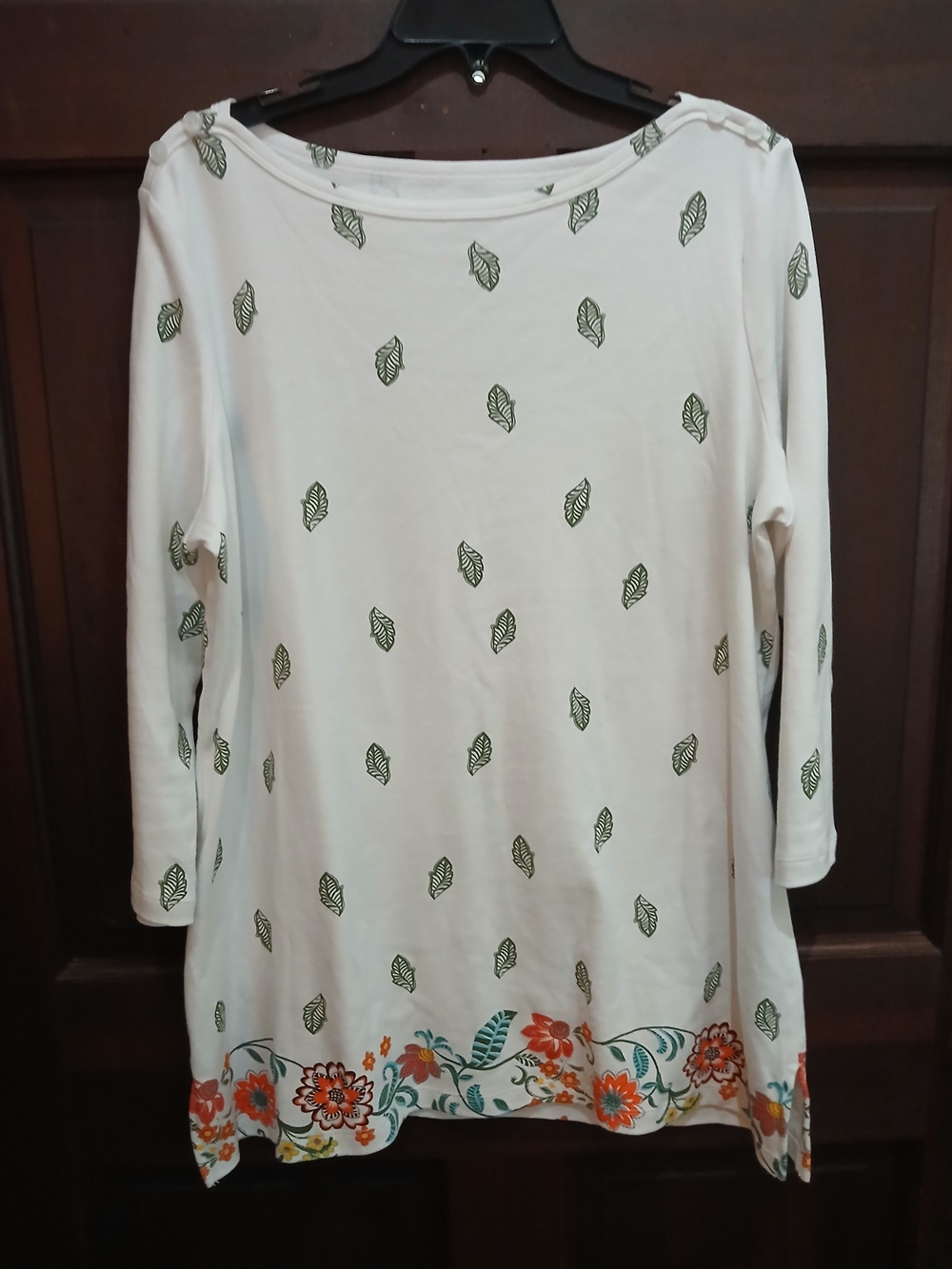 Women's Kim Rogers White Floral-Trim Long Sleeve Top Fall Colors Size L